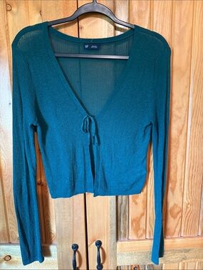 GAP Green Ribbed Tie-Front Cropped Cardigan